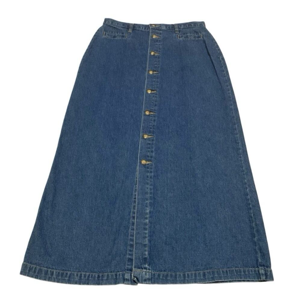 Vintage White Stag Denim Maxi Skirt Size 12 High Waist Button Front A Line